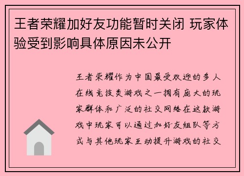 王者荣耀加好友功能暂时关闭 玩家体验受到影响具体原因未公开