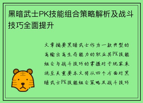 黑暗武士PK技能组合策略解析及战斗技巧全面提升